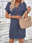 Quarter Button V-Neck Short Sleeve Dress