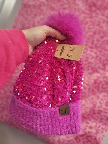 Pink Fuzzy Sequin CC Beanie