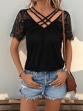 Lace Detail V-Neck Short Sleeve T-Shirt