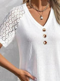 Waffle-Knit V-Neck Short Sleeve Top