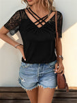 Lace Detail V-Neck Short Sleeve T-Shirt