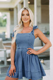 Square Neck Tie Shoulder Denim Dress