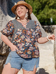 Plus Size Printed Notched Half Sleeve Blouse