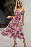 Bohemian Off-Shoulder Frill Trim Split Dress