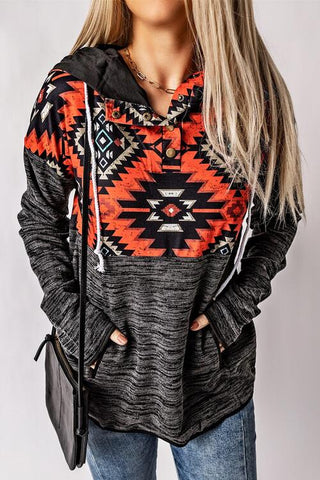 Geometric Long Sleeve Drawstring Hoodie