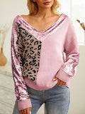 Leopard Sequin V-Neck Long Sleeve Sweater